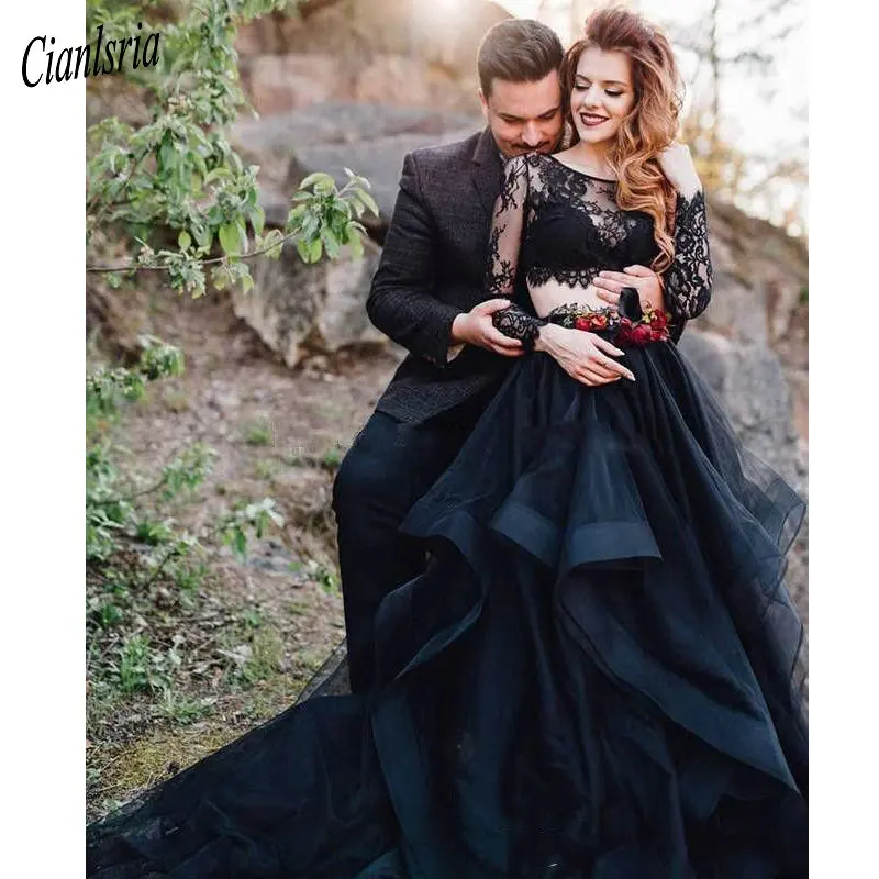 Two Pieces Black Wedding Dresses 2020 Long Sleeve Tiered Organza Sweep Train Vintage Bridal Gowns Vestido De Novia | Свадьбы и