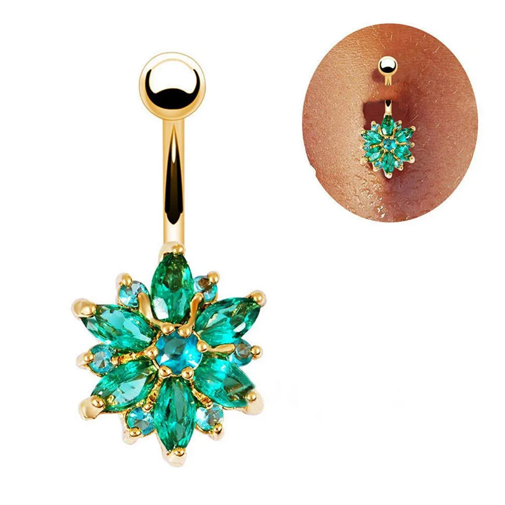 316L нержавеющая сталь зеленый цветок Кристалл пупка Бар золото Кнопка кольцо