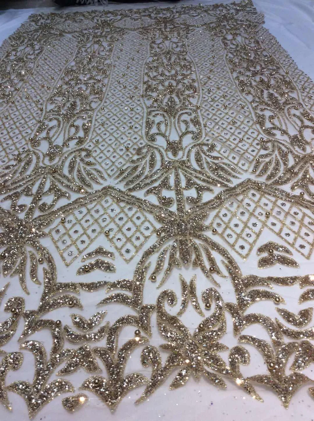 

ap220# 5 yards champagne gold pearls sparkly hand print glued glitter net tulle mesh sugar lace fabric for sawing dress