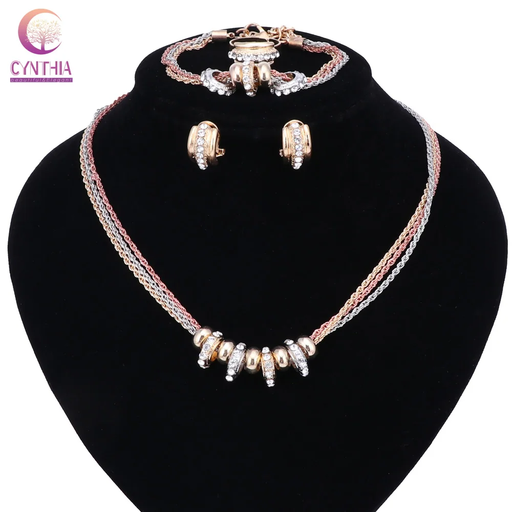 Свадебные золотые 3 цвета колье с изысканными кристаллами ювелирные наборы