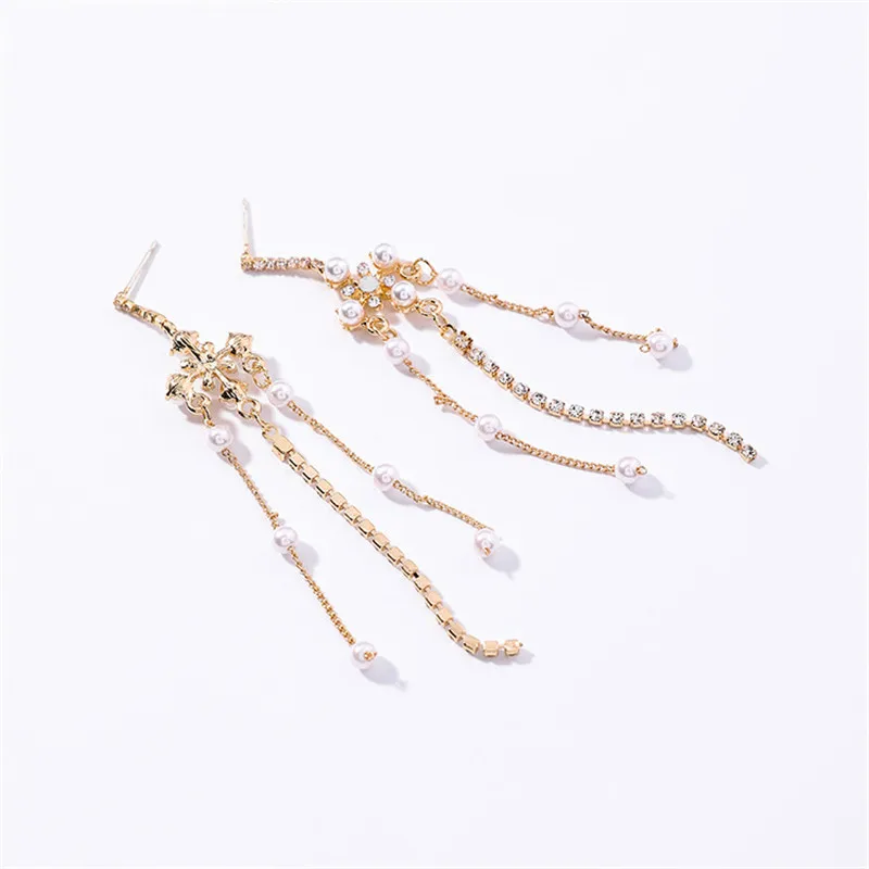 

New Vintage European Pearl Flower Temperament Long Full Rhinestone Tassel Dangle Earrings For Women Pendientes Mujer Moda 5B2017