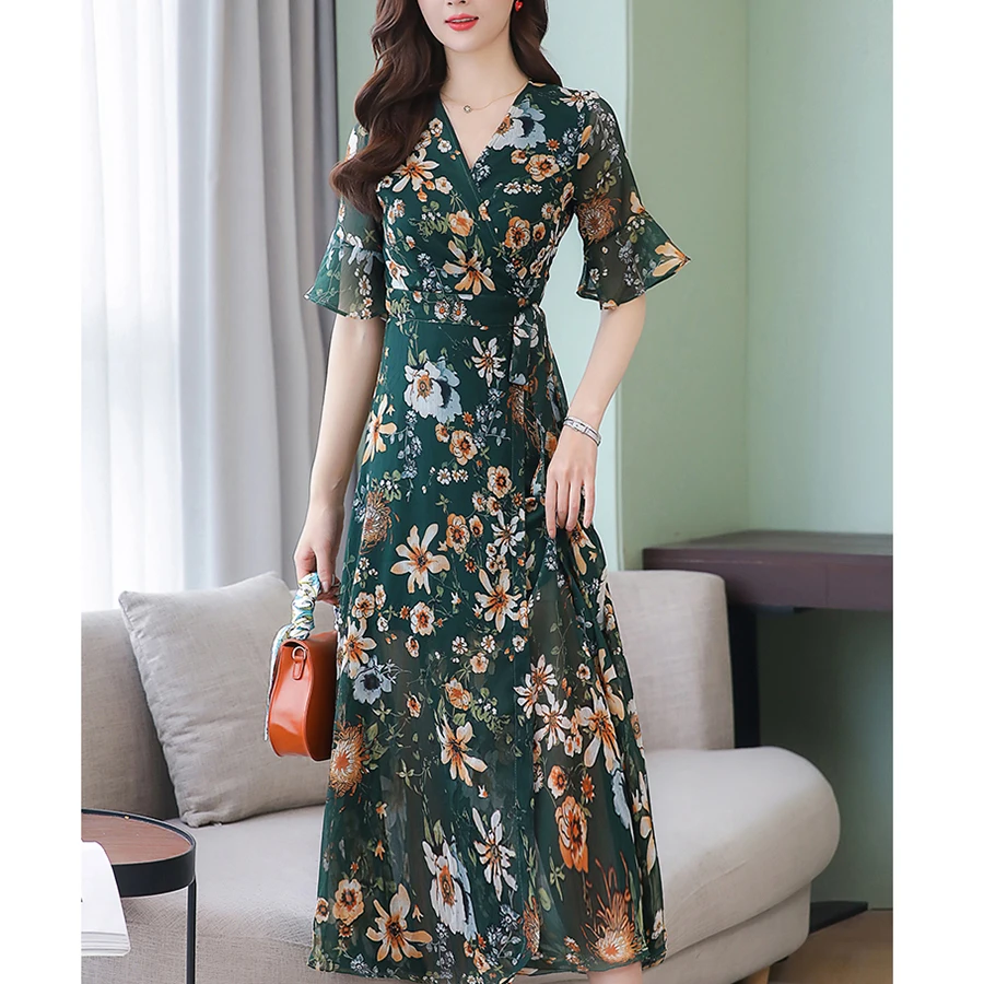 2019 Цветочные шифоновые облегающие летние миди платья Boho винтажные 3XL плюс размер