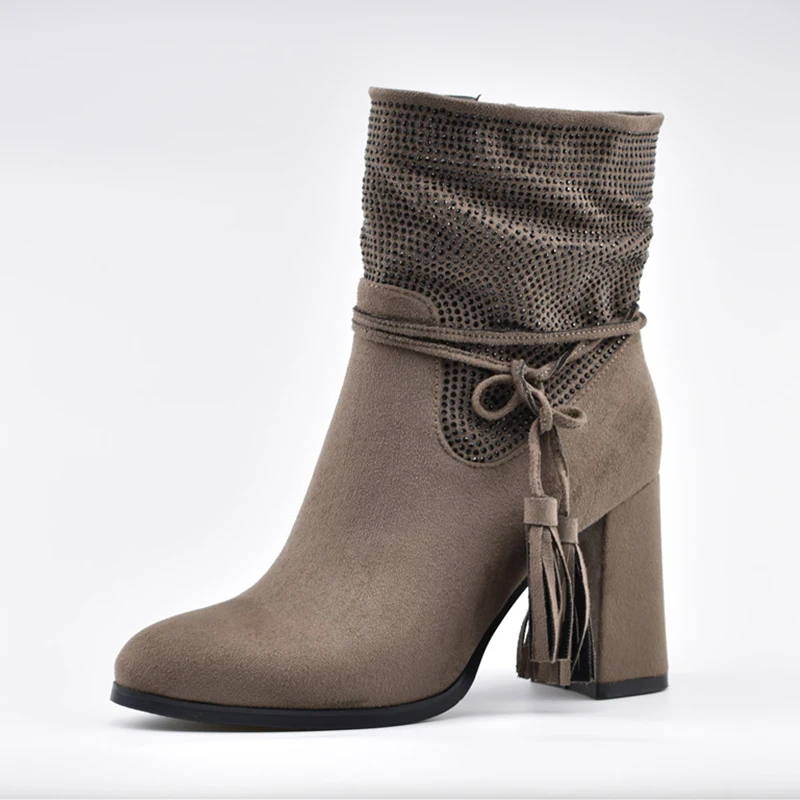 2019 г. Новые модные брендовые женские замшевые ботильоны на высоком квадратном