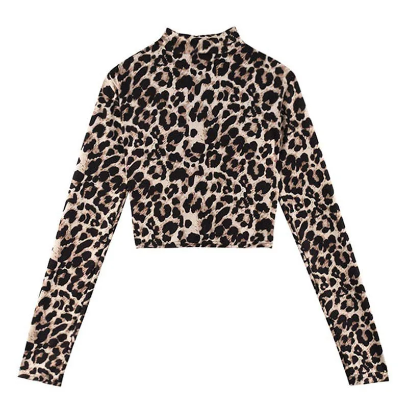 

Korean Sexy Fashion Wild Women's T-Shirt Leopard / Zebra Print T Shirts Turtleneck Slim Long Sleeve Short Tshirt Crop Top