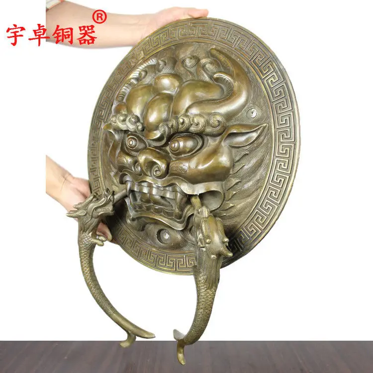 21 ''Китай Чисто Медь фэншуй молоток Лев Двери Бронзовая Статуя Пара|Статуи и