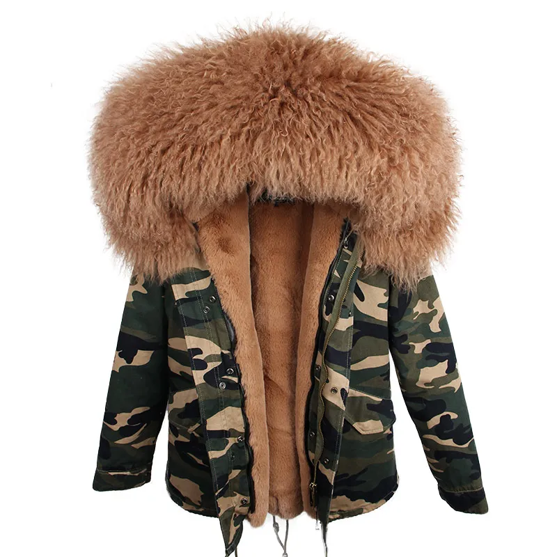 camo brown Зимняя женская куртка, парка из натурального меха, натуральная монгольская овечья шерсть, пальто с капюшоном, верхняя одежда, Толстая теплая уличная одежда, модный бренд, новинка - Цвет: camo brown
