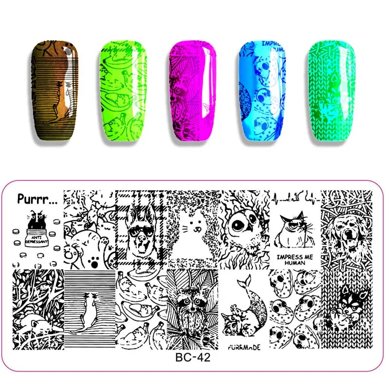 WAKEFULNESS Cute Animal Pattern Nail Stamping Plates Halloween Image Art Template Rectangle Stamp Manicure Stencils | Красота и