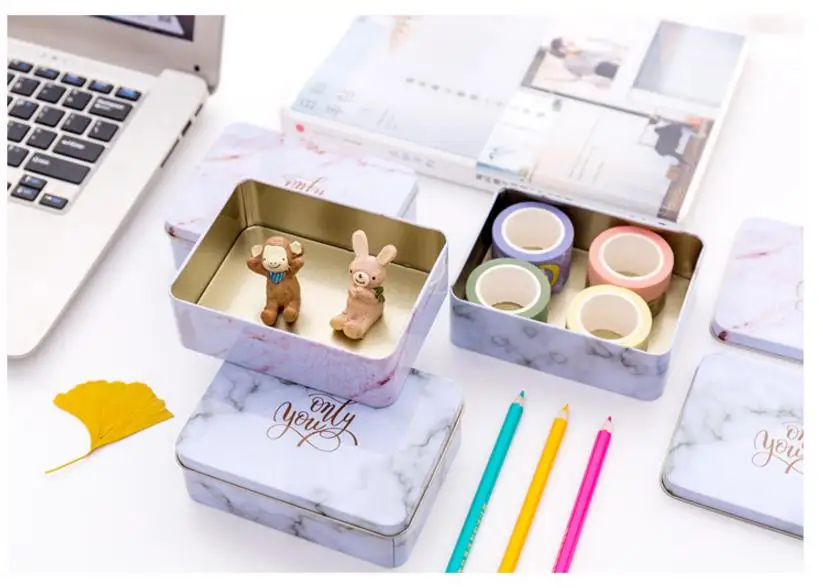 Creative tinplate marble texture storage case stationery holder daily desktop sorting box wedding candy box school office supply