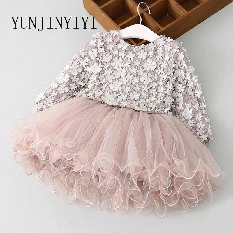 

New Lace Flower Princess Dress 2018 Spring Girl Dress Winter Long Sleeve Three-Dimensional Petals Pompon Net Yarn Girls Clothes