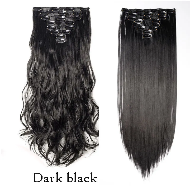 dark black SNOILITE, 18 клипс, длинные волнистые волосы для наращивания на клипсах, черный, коричневый, синтетические волосы на клипсах для женщин, 24 дюйма - Цвет: dark black