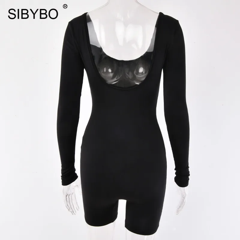 Sibybo, с открытой спиной, с длинным рукавом, Повседневный, женский, осенний, с круглым вырезом, обтягивающий, сексуальный комбинезон, женский, s, комбинезон, однотонные, женские пляжные костюмы
