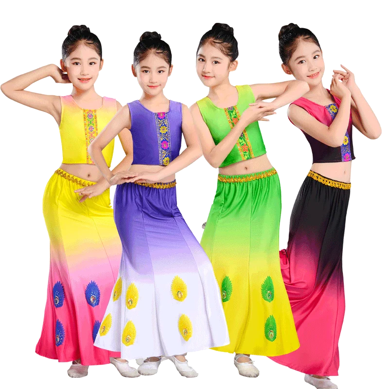 

Chinese Traditional Dress Girls Women Dai National Folk Fan Dance Costume Long Mermaid Peacock Dance Costume Dress