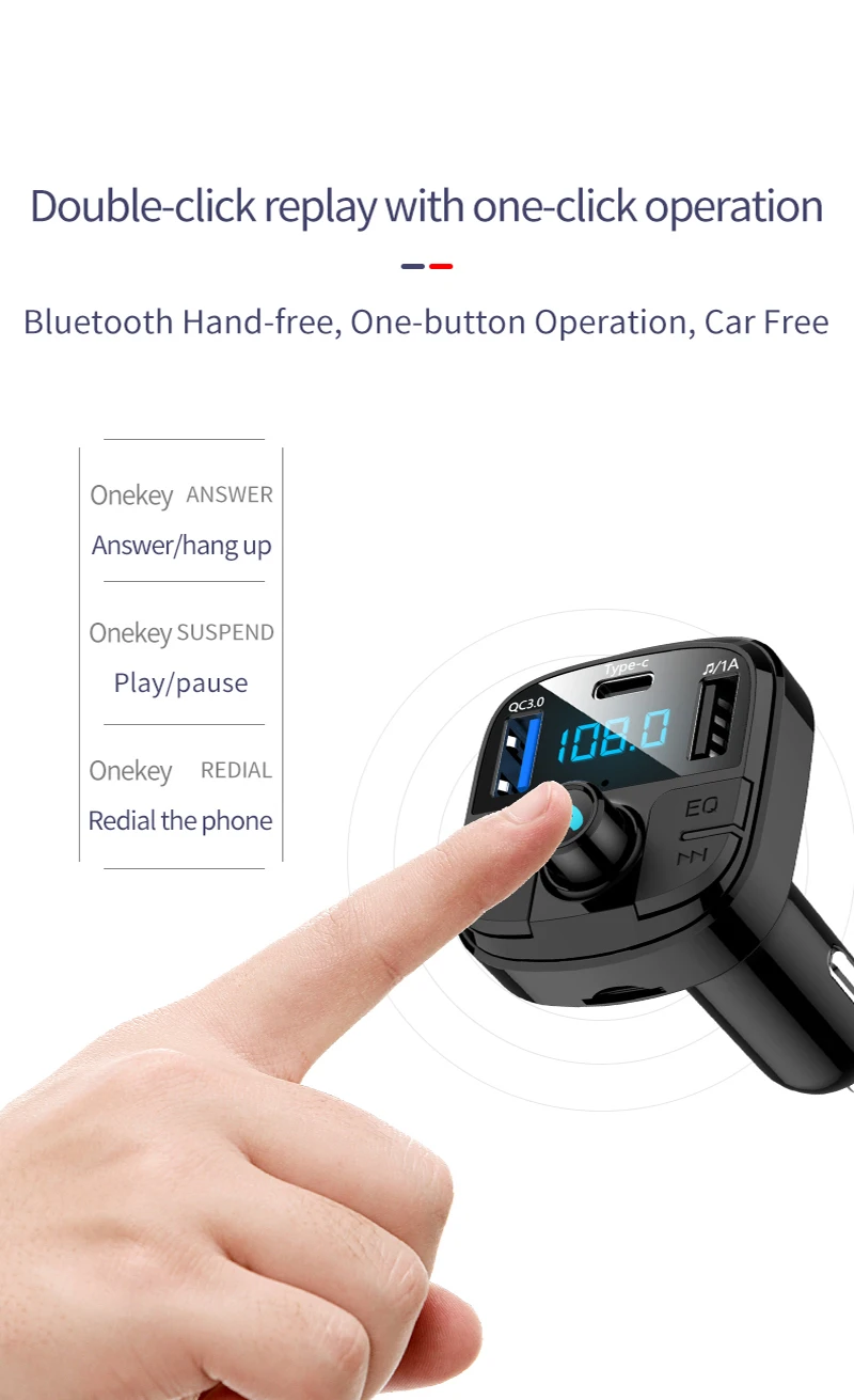 Автомобильный комплект громкой связи с Bluetooth, управление одним ключом, беспроводной Bluetooth fm-передатчик, ЖК MP3-плеер QC3.0, USB зарядное устройство, тип-c, свободные руки