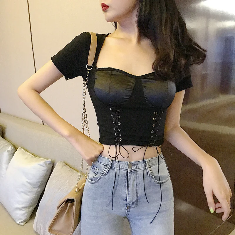 Moda Feminina Punk Style T Shirts White Black Summer Women Fashion Brand Tshirt Female Slim Crop Top Basic Lace Tees Korean | Женская
