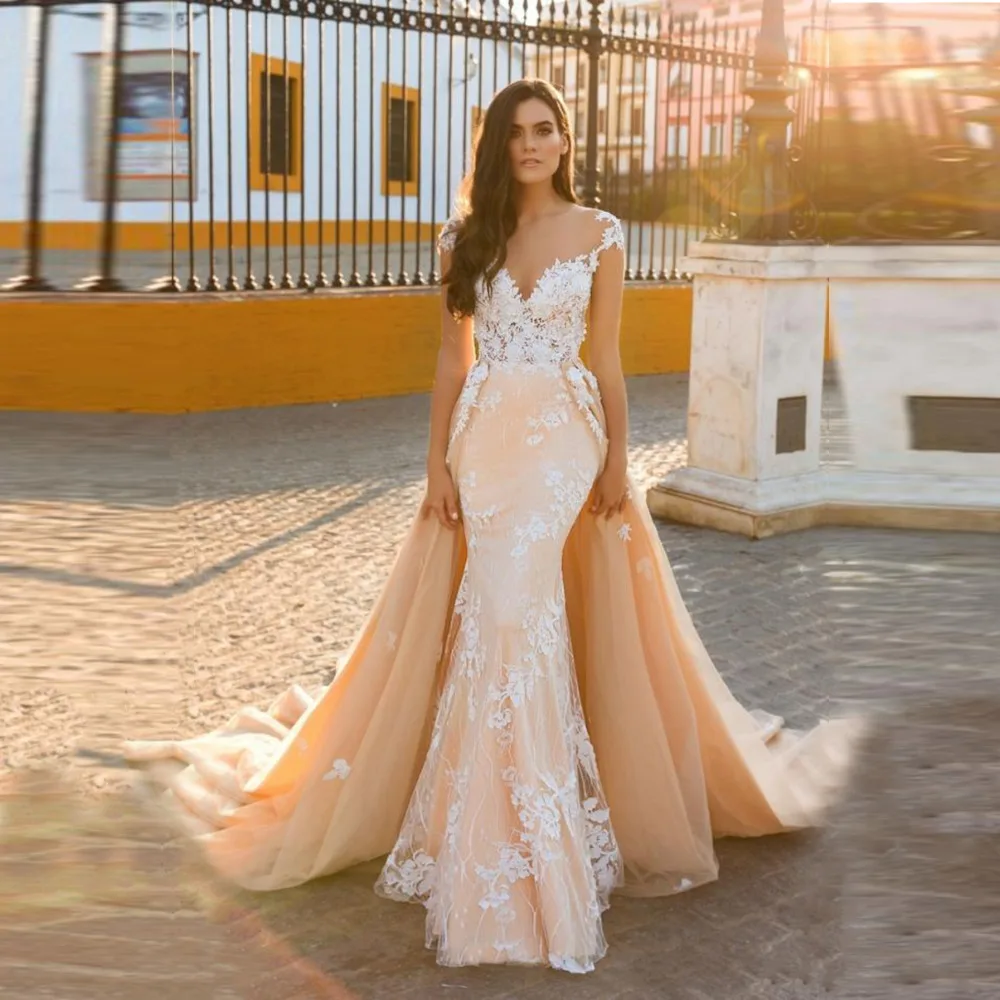 Vestido de noiva Новое роскошное свадебное платье 2021 Совок с рукавами со съемным Шлейфом