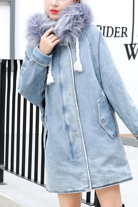 Light blue Новинка, теплая зимняя Осенняя Женская куртка-бомбер, джинсовое пальто с капюшоном, джинсовые куртки, Плотная хлопковая длинная Базовая верхняя ветровка, большая - Цвет: Light blue