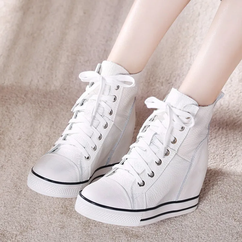 

New Genuine Leather Women Ankle Boots Black White Height Increased Lady Shoes Thick Bottom Lace Up Wedge High Heel Women's Shoes
