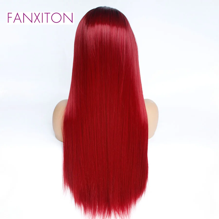 FANXITON Red Wigs Synthetic Lace Front For Black Women Straight Long Cosplay Ombre Glueless Hair | Шиньоны и парики