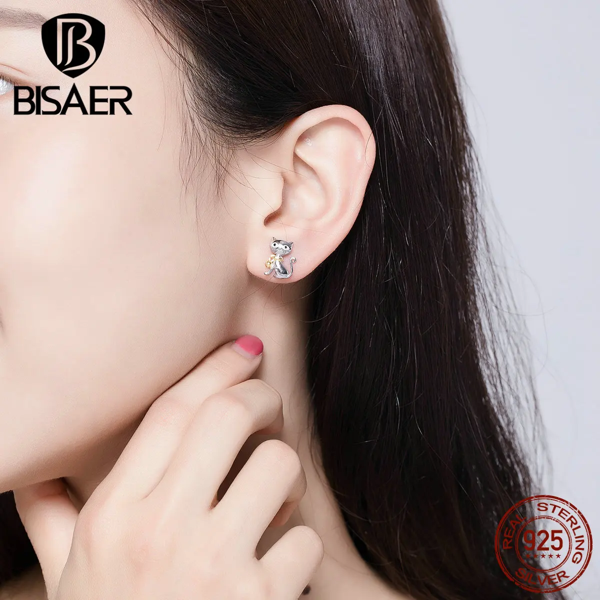 Серьги BISAER Meow, 925 пробы, серебряные серьги с милым котенком, серьги с колокольчиком, кошачьим Мяу, ювелирные изделия, аксессуары для животных, подарки GAE112