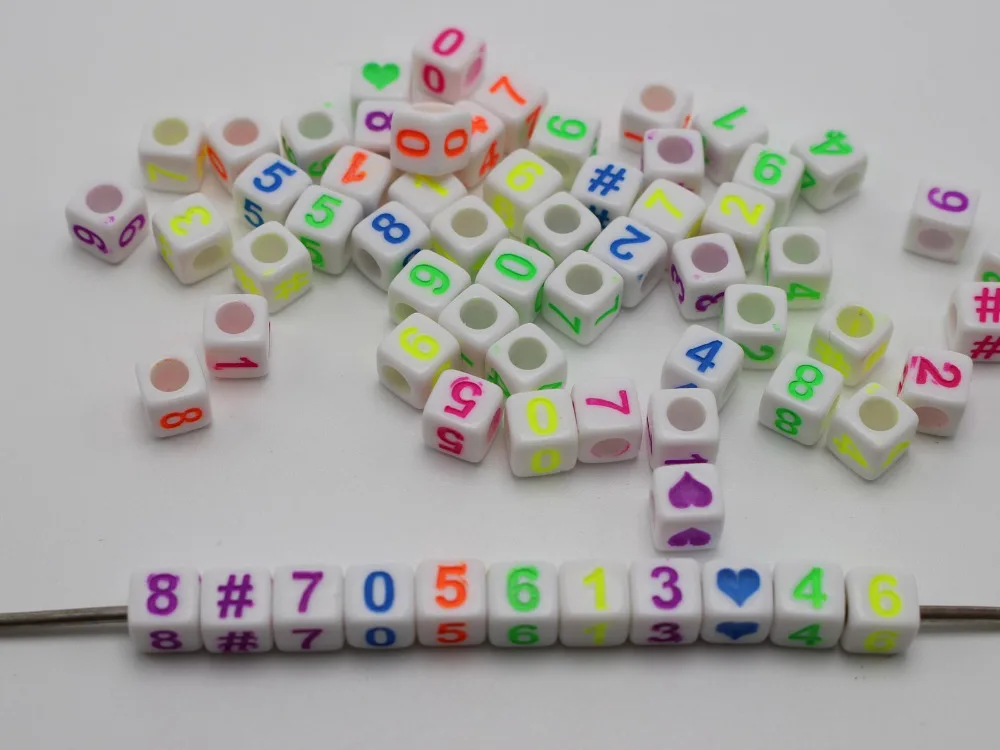 

250 White with Colorful Assorted Number "#" Cube Beads 6X6mm