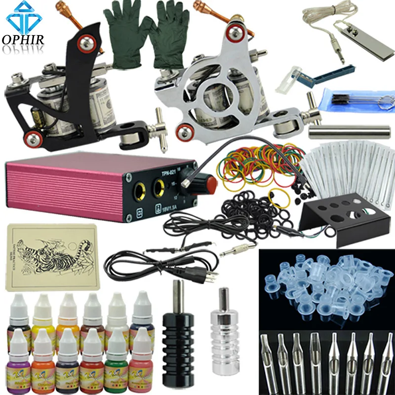 Полный комплект тату OPHIR 2 машинки пигментные чернила 6 цветов и 50 игл для Набор