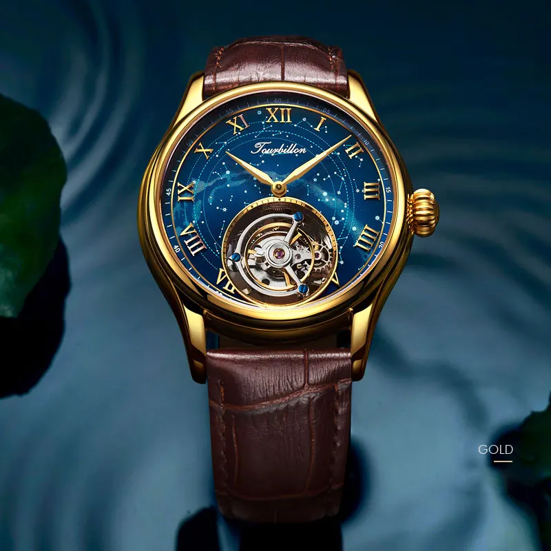 Копейка, Tourbillon, мужские часы, Топ бренд, роскошные мужские механические часы,, настоящая Tourbillon, полый ход, Мужские t 7006G - Цвет: Champagne gold