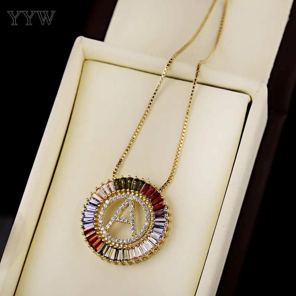 

1Pcs Pendant Necklaces For Women Jewelry New Trendy Gold Color Micro Pave Rainbow CZ Cubic Zirconia A-Z Initials Letter