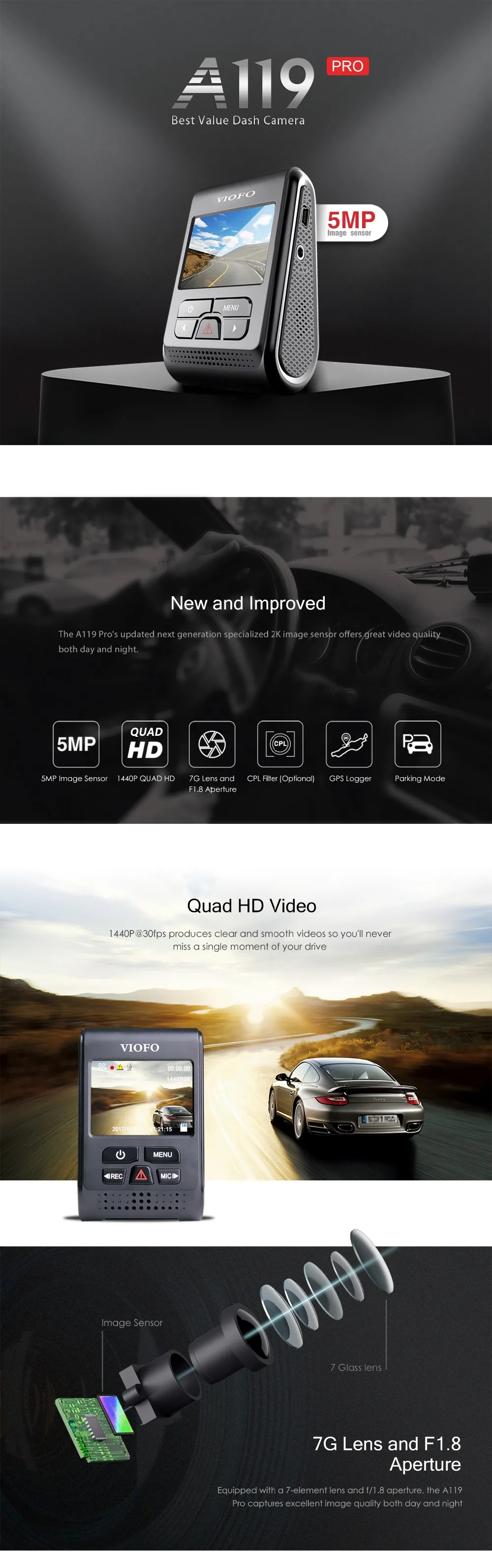 «viofo» A119 Pro 2," lcd конденсатор 2K 1440P Novatek 96660 HD Автомобильный видеорегистратор DVR дополнительный gps CPL фильтр