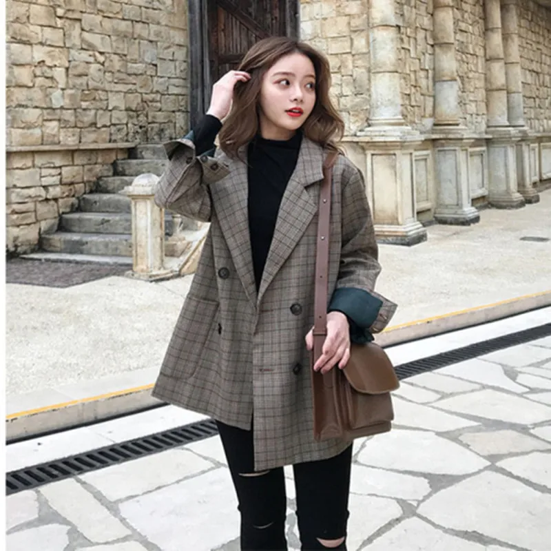 Женский клетчатый Блейзер сезон весна осень 2019 повседневная двубортная куртка с