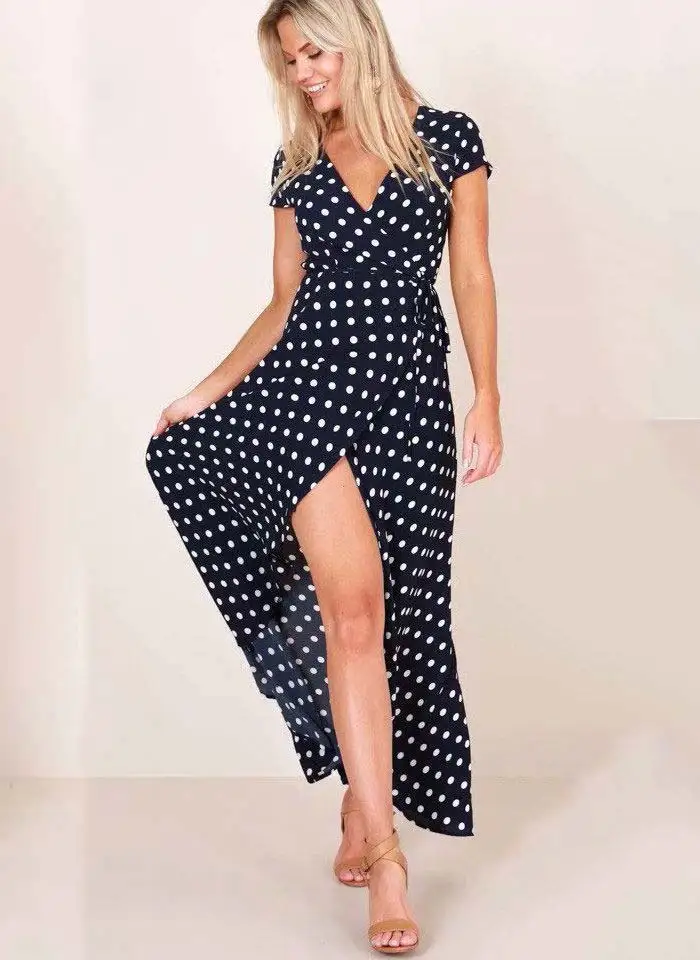 Светолечение. Boho горошек длинные платья Для женщин Разделение короткий рукав Летнее Повседневное платье уличная Черный Макси платье Vestidos