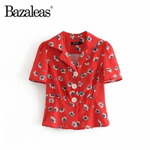 O44 red Bazaleas элегантный красный цветочный принт женские топы и блузки Франция женская блузка Франция центр 3 пуговицы рубашки Прямая - Цвет: O44 red