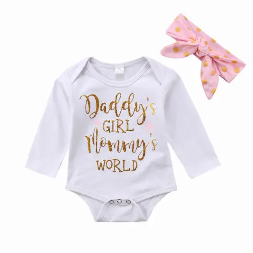 

Cute Infant Newborn Baby Girl Clothing Tops Cotton Long Sleeve Jumpsuit Bodysuit Headbands Outfit Clothes Baby Girls