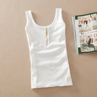 zipper white Новое поступление, женская модная летняя повседневная однотонная хлопковая майка без рукавов, топы, футболка, яркие цвета, базовый укороченный топ-бюстье для женщин - Цвет: zipper white