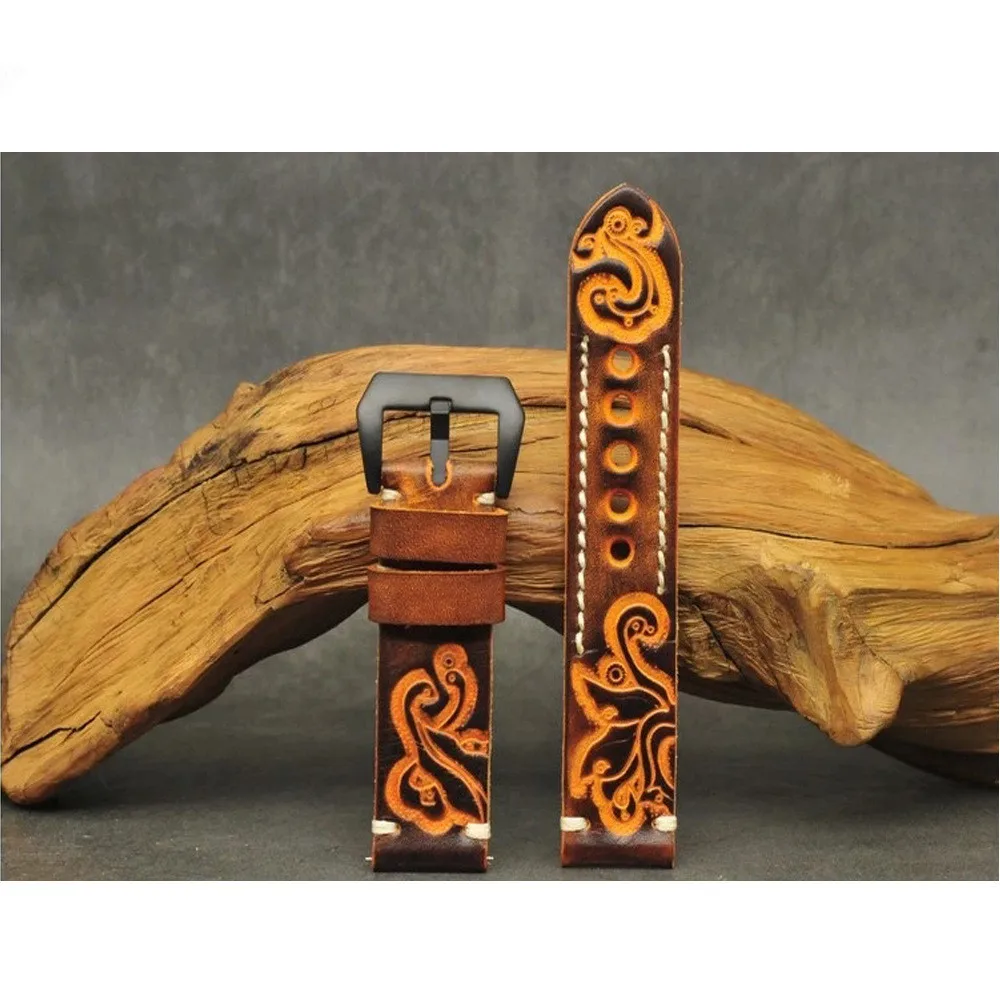 Hand-stitched Genuine Leather Watch strap Carved Embossed Watch Bands Belt with Stainless Steel Black Buckle 20mm 22mm 24mm