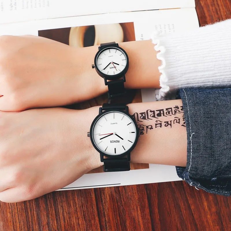 RENOS женские часы простые черные белые наручные в коробке модные кварцевые для