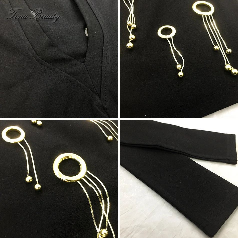 

Tina Beauty Black O-neck Long Sleeve Mini Dress Womens Backless Metallic Tassel Sexy Dress Vestido De Fiesta Slim Bodycon Dress