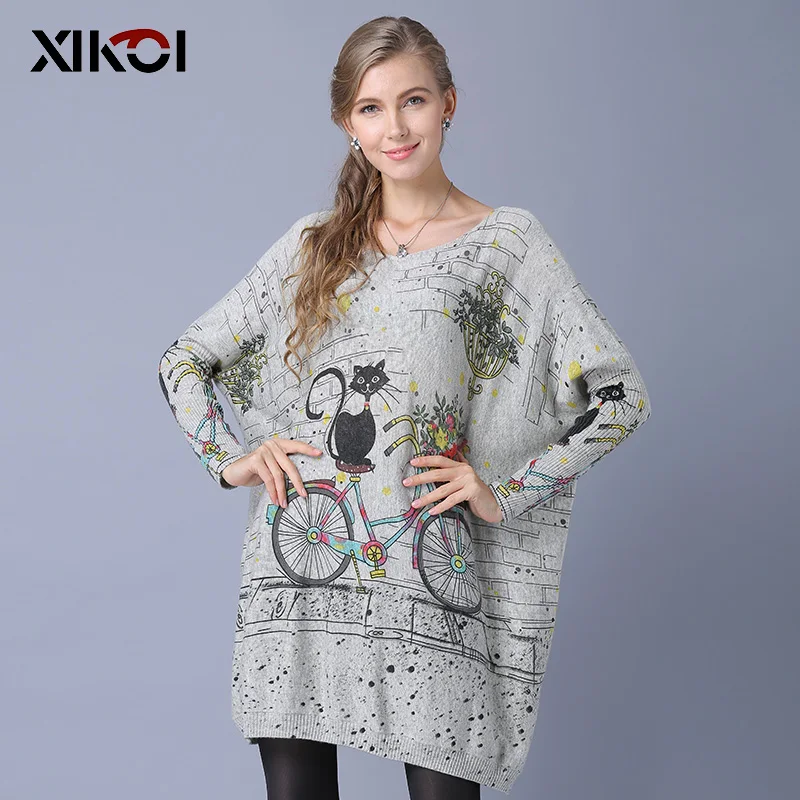 XIKOI Woman Oversize Sweater Winter Long Cat Bicycle Print Casual Coat Batwing Sleeve Pullovers Clothing | Женская одежда