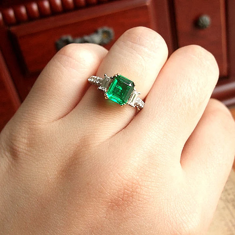 Colombian Solid 18K White Gold 0.7ctw Green Emerald Moissanite Ring Side Bagaguette Accent Luxury Fine Jewelry For Women | Украшения и