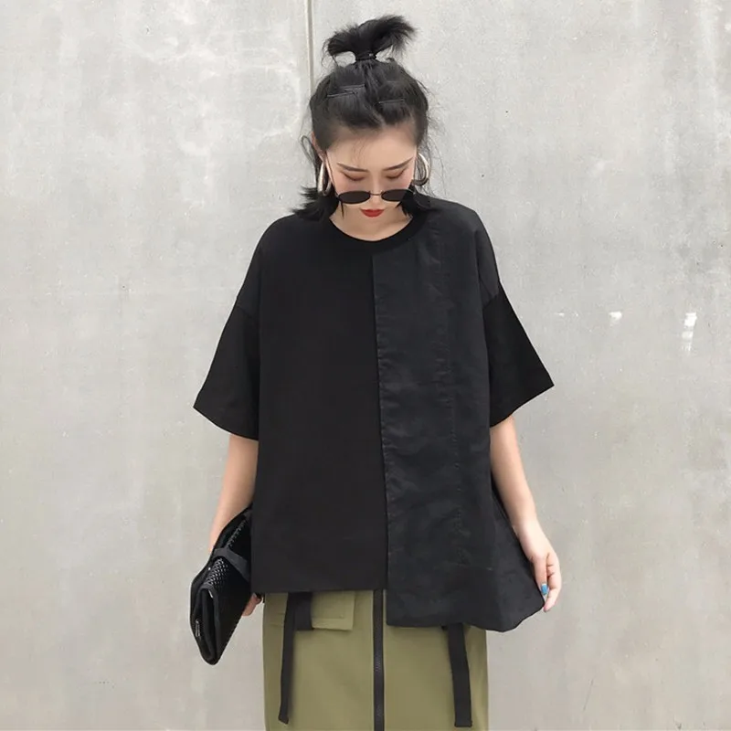 TWOTWINSTYLE Асимметричная футболка женская льняная Лоскутная с круглым вырезом и