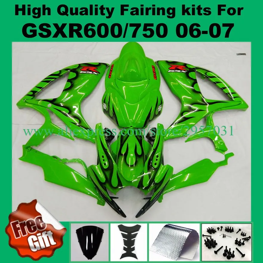 

9gifts, Fairing kits for K6 K7 GSXR600 GSXR750 06 07 SUZUKI GSX-R600 GSX-R750 2006 2007 Fairings bodywork black flame green