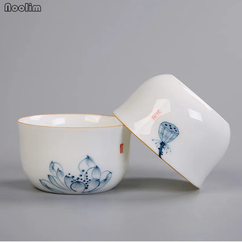 NOOLIM Ceramic Kung Fu Master Tea Cups White Porcelain Hand Painted Lotus Chinese Household Teacups Office Drinkware | Дом и сад