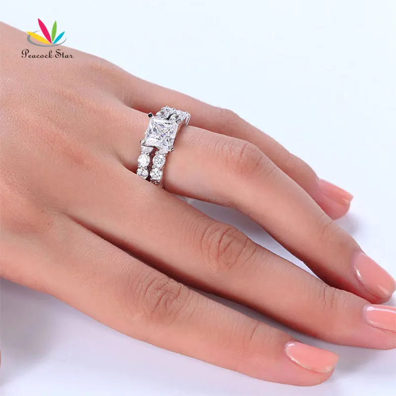 Павлин звезда Твердые стерлингового серебра 925 Обручение набор колец Свадебные