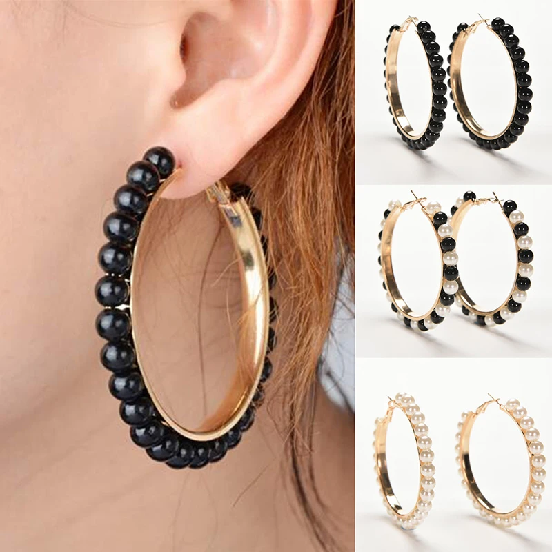 

Women Fashion Faux Pearl Earings Chic Beads Ear Hoop Circle Earrings