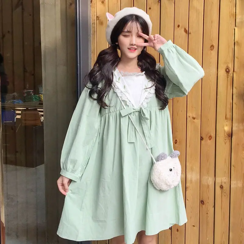 Harajuku Весна Винтаж оборками Kawaii платье кружево лоскутное высокая талия милое