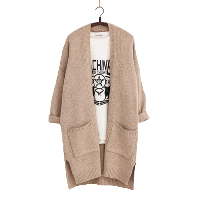 beige Женские Длинные кардиганы, новинка, весна-осень, брендовый Повседневный стиль, Вязанный свитер с карманами, пальто, Feminino, элегантный кардиган AB021 - Цвет: beige