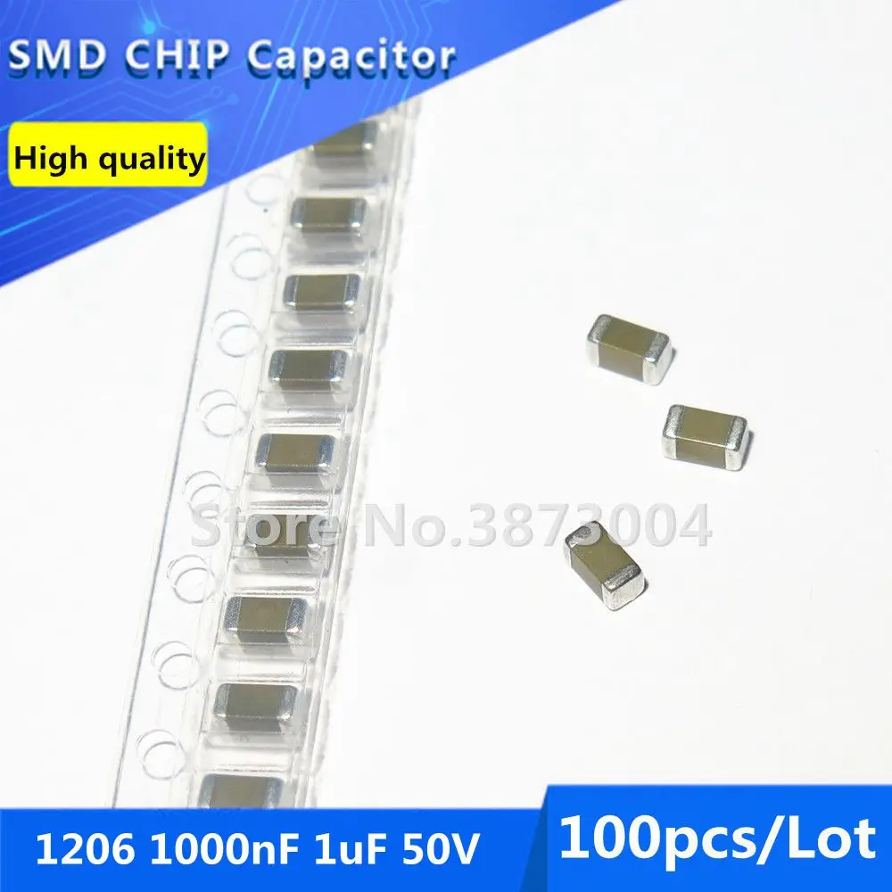 100pcs 1206 1000nF 1uF 50V X7R 10% Thick Film Chip Multilayer Ceramic Capacitor