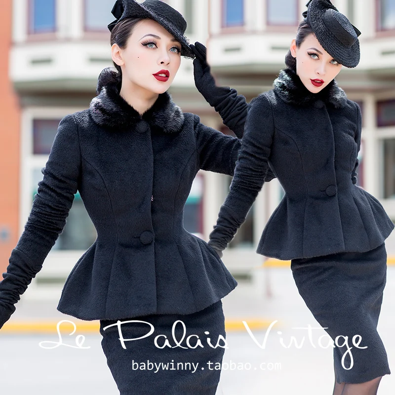 Женское винтажное шерстяное пальто черное приталенное с круглым воротником и