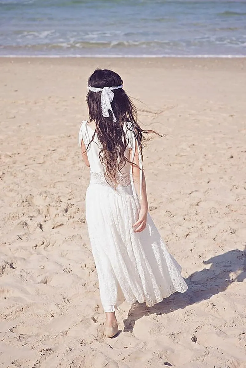 Кружевное платье цвета слоновой кости из двух предметов Boho Шикарный цветок для