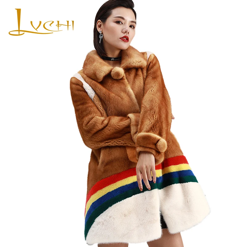 LVCHI Winter 2019 Real Mink Fur Coats Women's Patchwork Color Coat Full Pelt Contrast Color Turn-Down Collar Long Mink Coats