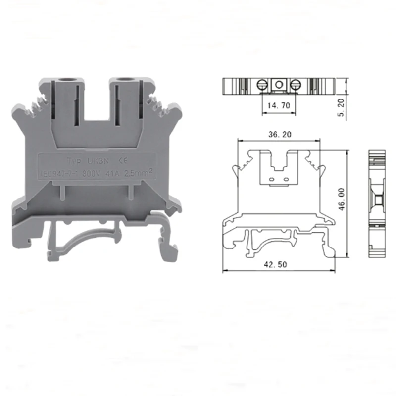 Дин-рейл монтажные винтовые клеммные блоки Bornier UK-3N электрические проводные кабельные терминалы Блоки медные соединителя 14awg 41A on.